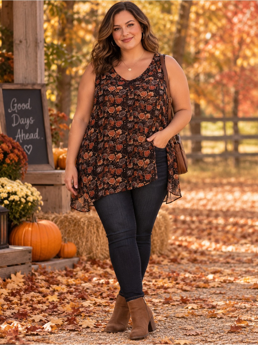 Lane Bryant Black and Brown Floral Asymmetrical Tank